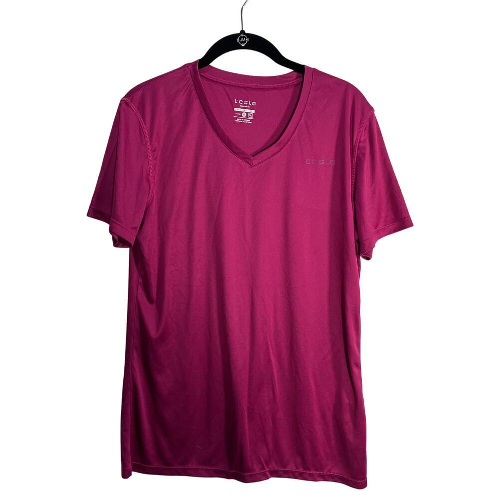 Tesla T Shirt Women's Fitted 2XL Raspberry V Neck Spell Out Chest Short Sleeve